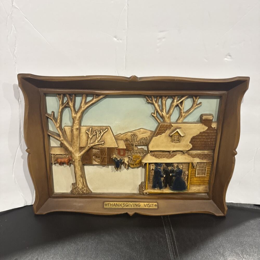 Vintage Syroco Thanksgiving Visit 3D Wall Plaque Colonial Pilgrim Decor 14x10